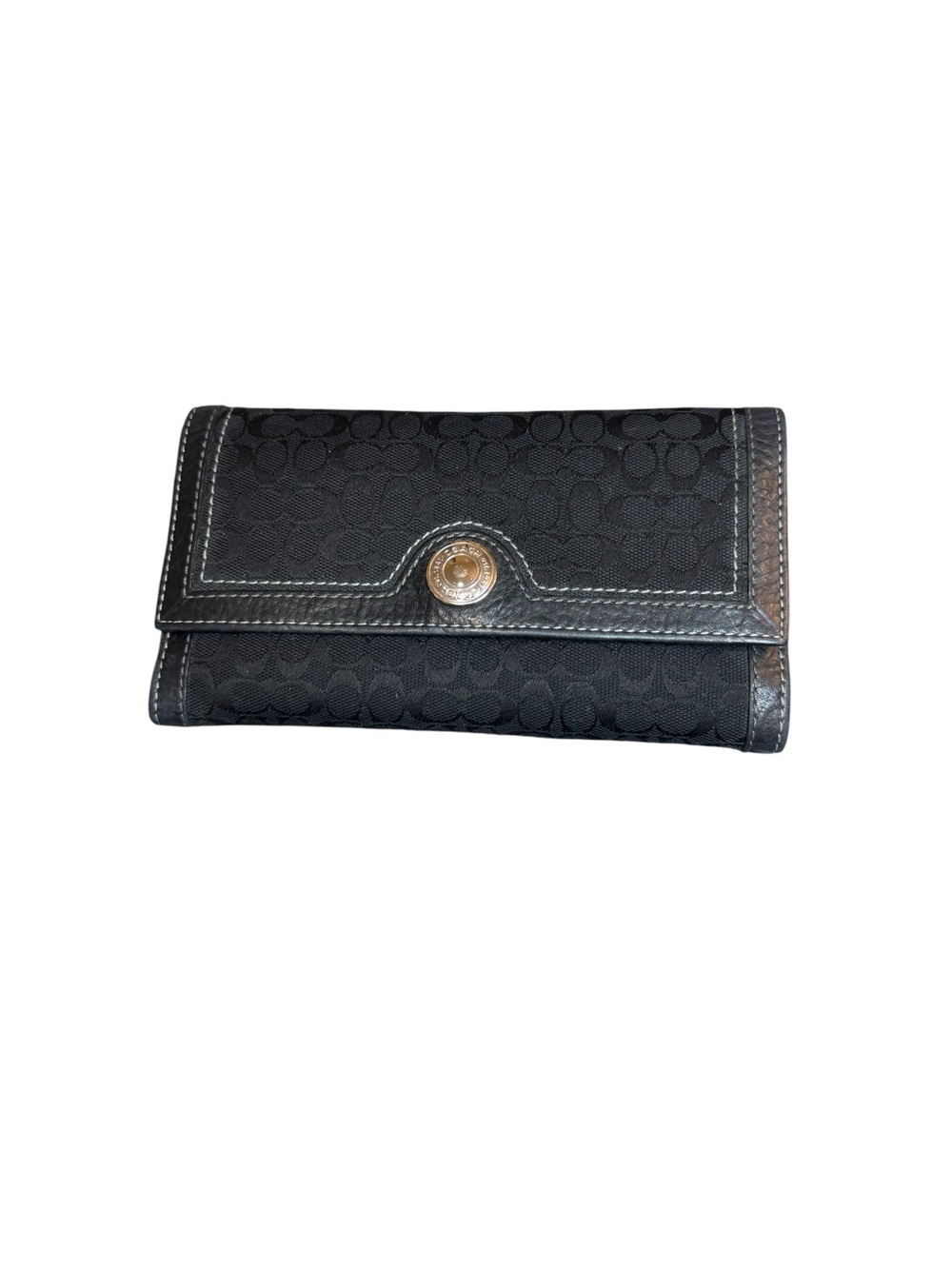 Coach Signature Black Jacquard Bifold Checkbook Wallet Organizer Leather Snap